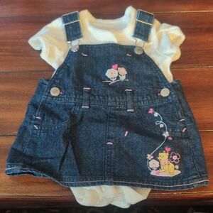 Disney Blue Denim Kids Overall Dress with Pink Floral Design Winnie The Pooh